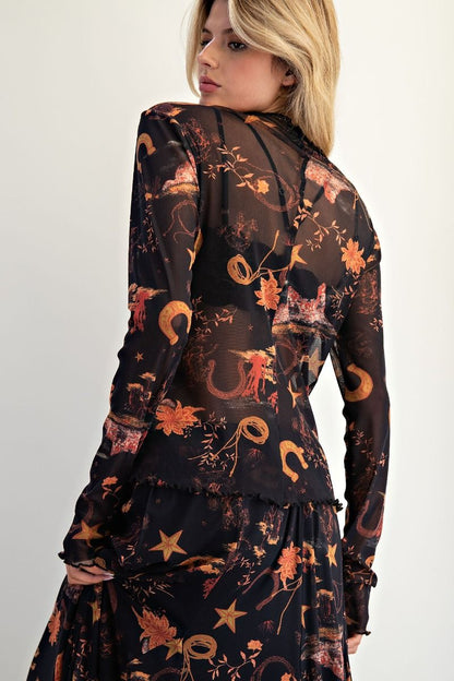 Western Printed Mesh Top Black