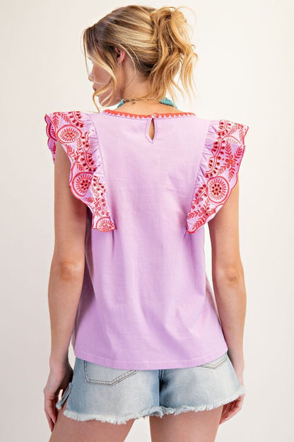 Easel Embo Knit Flutter Sleeve Top Lilac Rose