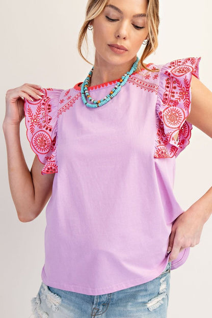 Easel Embo Knit Flutter Sleeve Top Lilac Rose