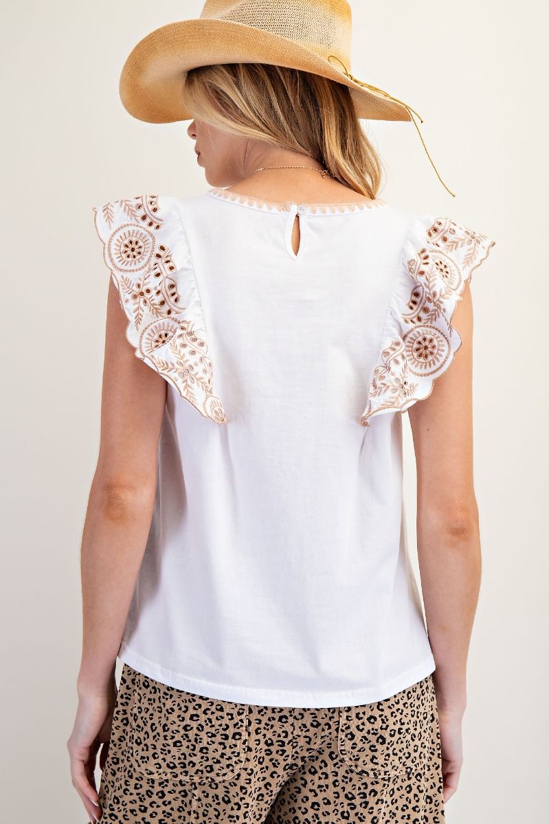 Easel Embroidered Knit Top White