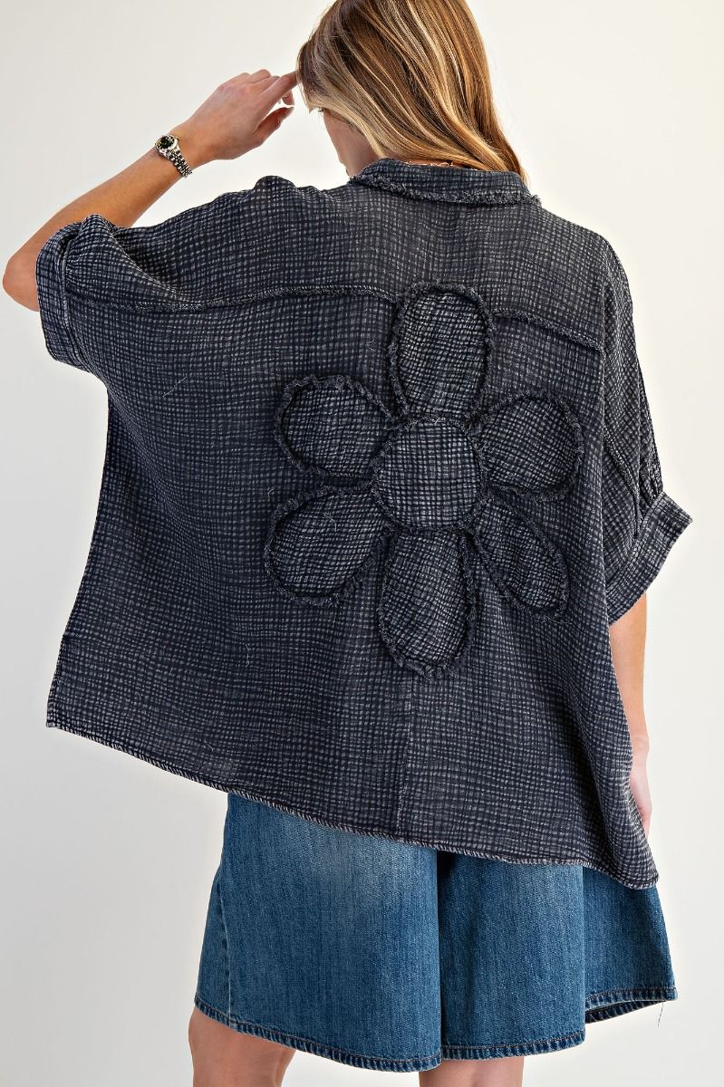 Easel Flower Patch Cotton Gauze Shirt Black