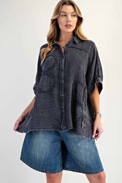 Easel Flower Patch Cotton Gauze Shirt Black