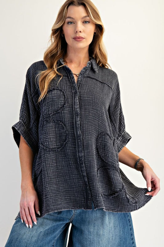 Easel Flower Patch Cotton Gauze Shirt Black
