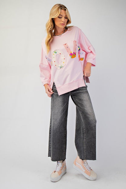 Easel Love Patch Terry Knit Pullover Pink