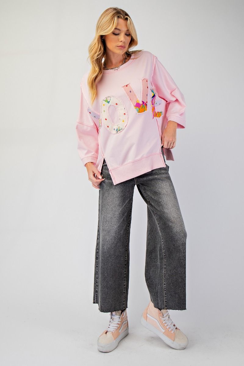 Easel Love Patch Terry Knit Pullover Pink