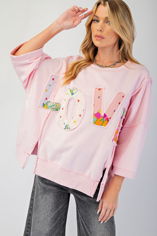 Easel Love Patch Terry Knit Pullover Pink