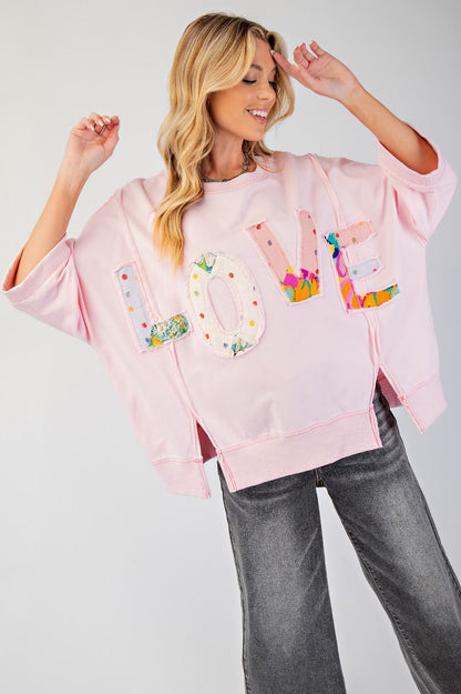 Easel Love Patch Terry Knit Pullover Pink