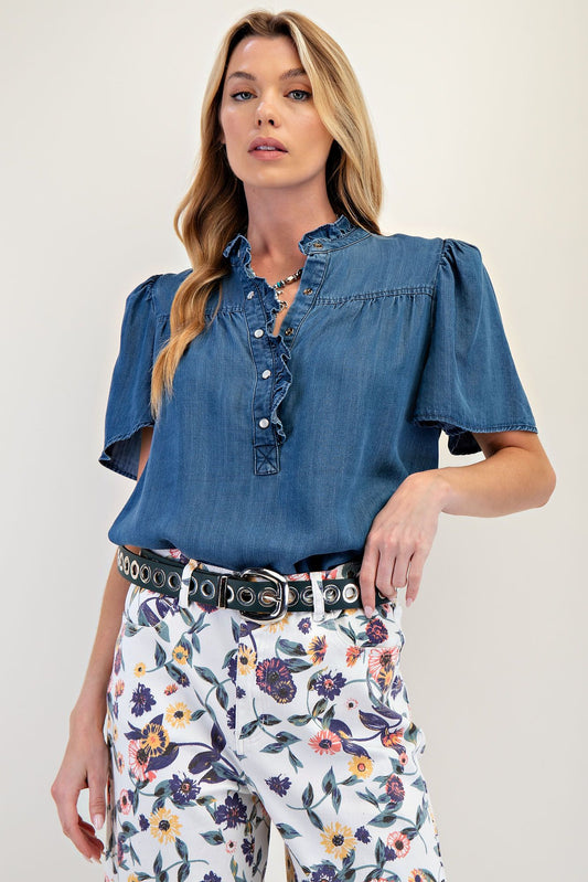 Easel Dark Denim Ruffle Top