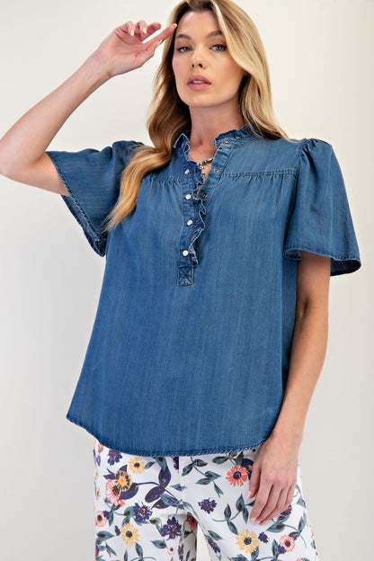 Easel Dark Denim Ruffle Top