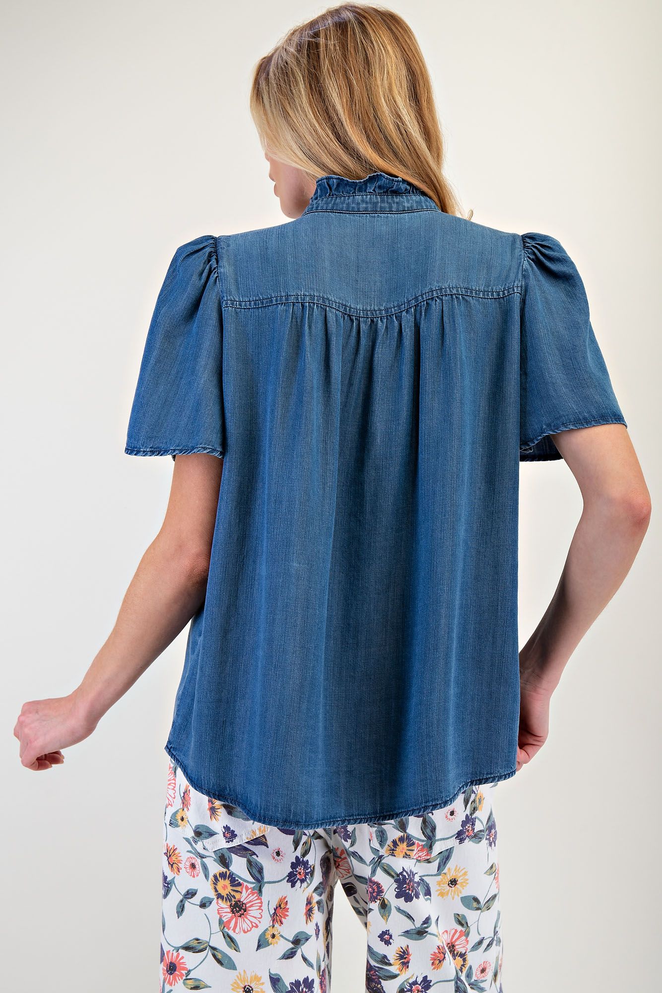 Easel Dark Denim Ruffle Top