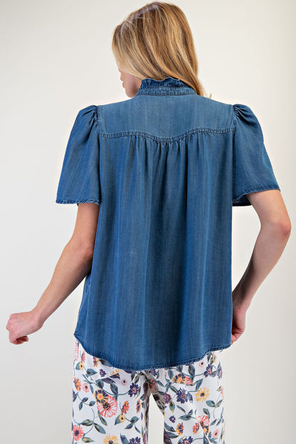 Easel Dark Denim Ruffle Top