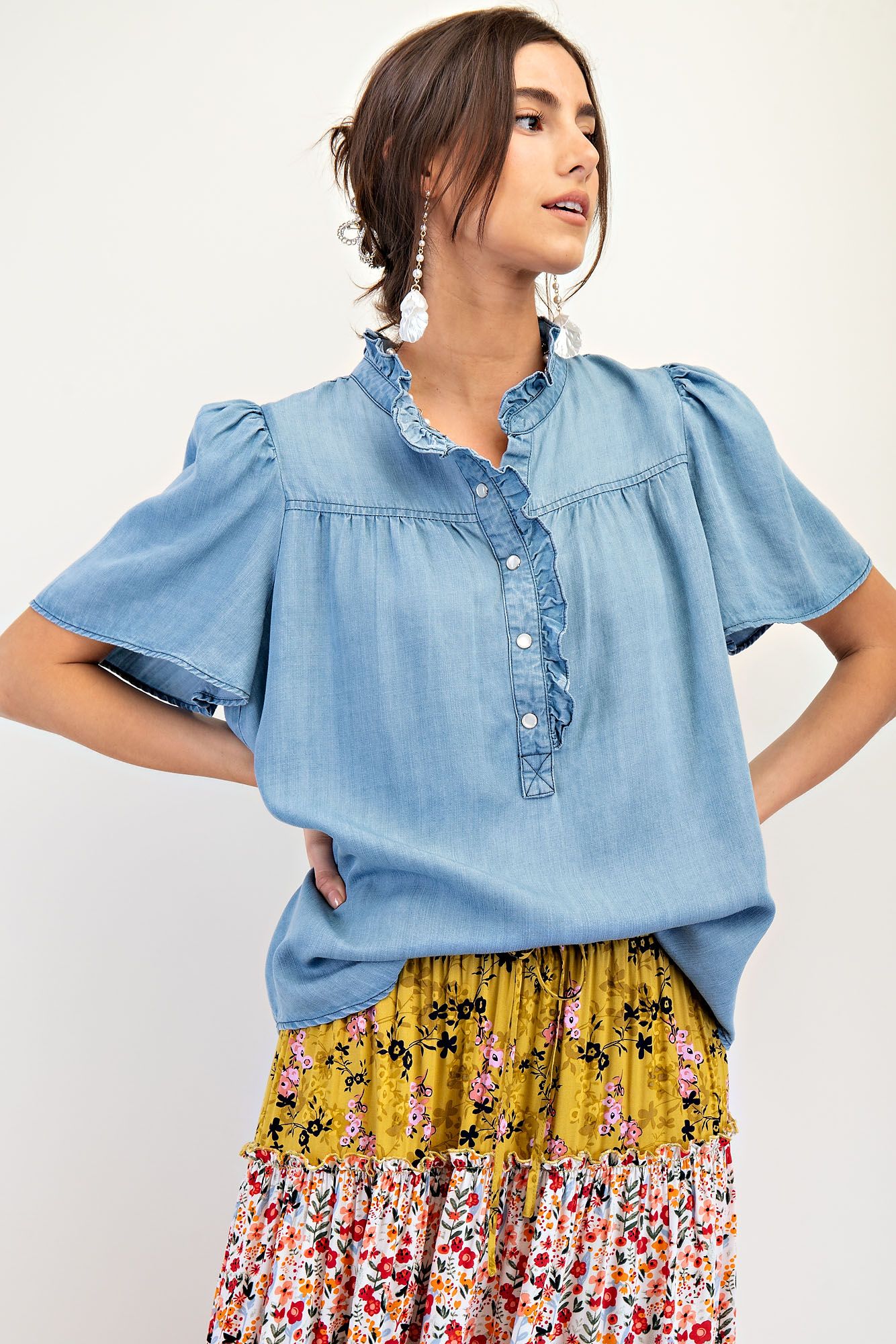 Easel Washed Denim Ruffle Top