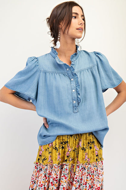 Easel Washed Denim Ruffle Top