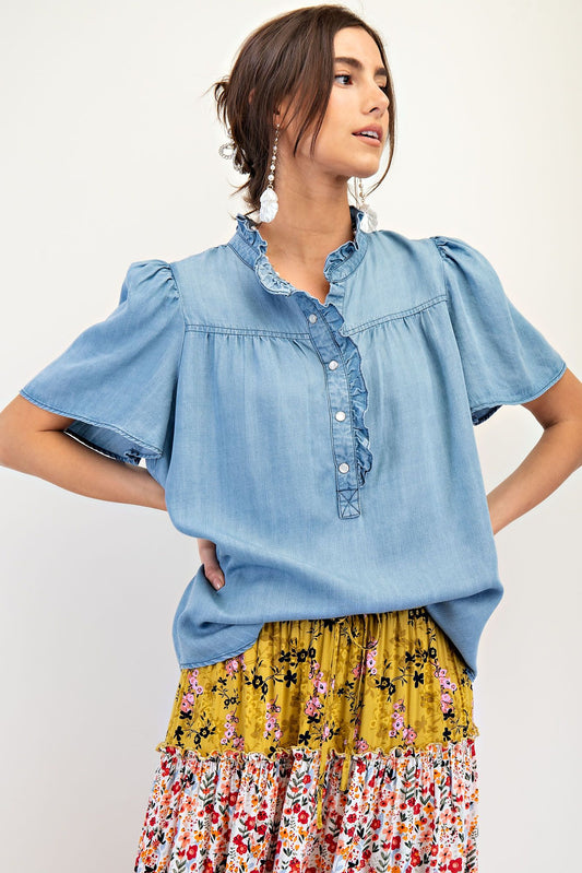 Easel Washed Denim Ruffle Top