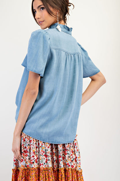 Easel Washed Denim Ruffle Top