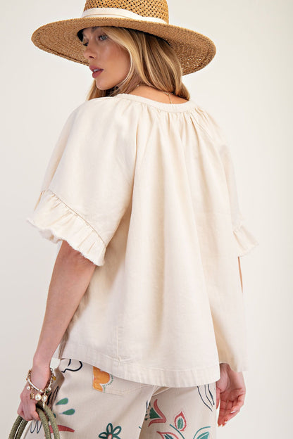 Easel Washed Chambray Woven Top Natural