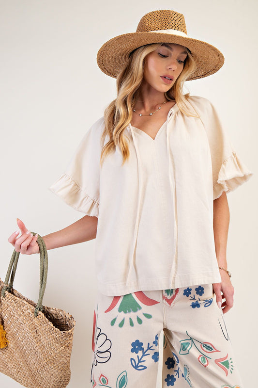 Easel Washed Chambray Woven Top Natural