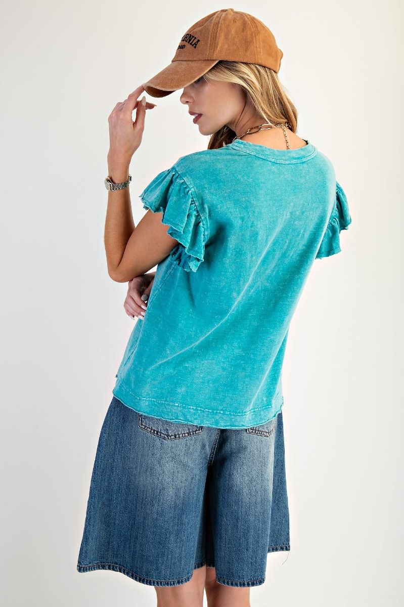 Easel Artic Sea Ruffle Sleeve Top