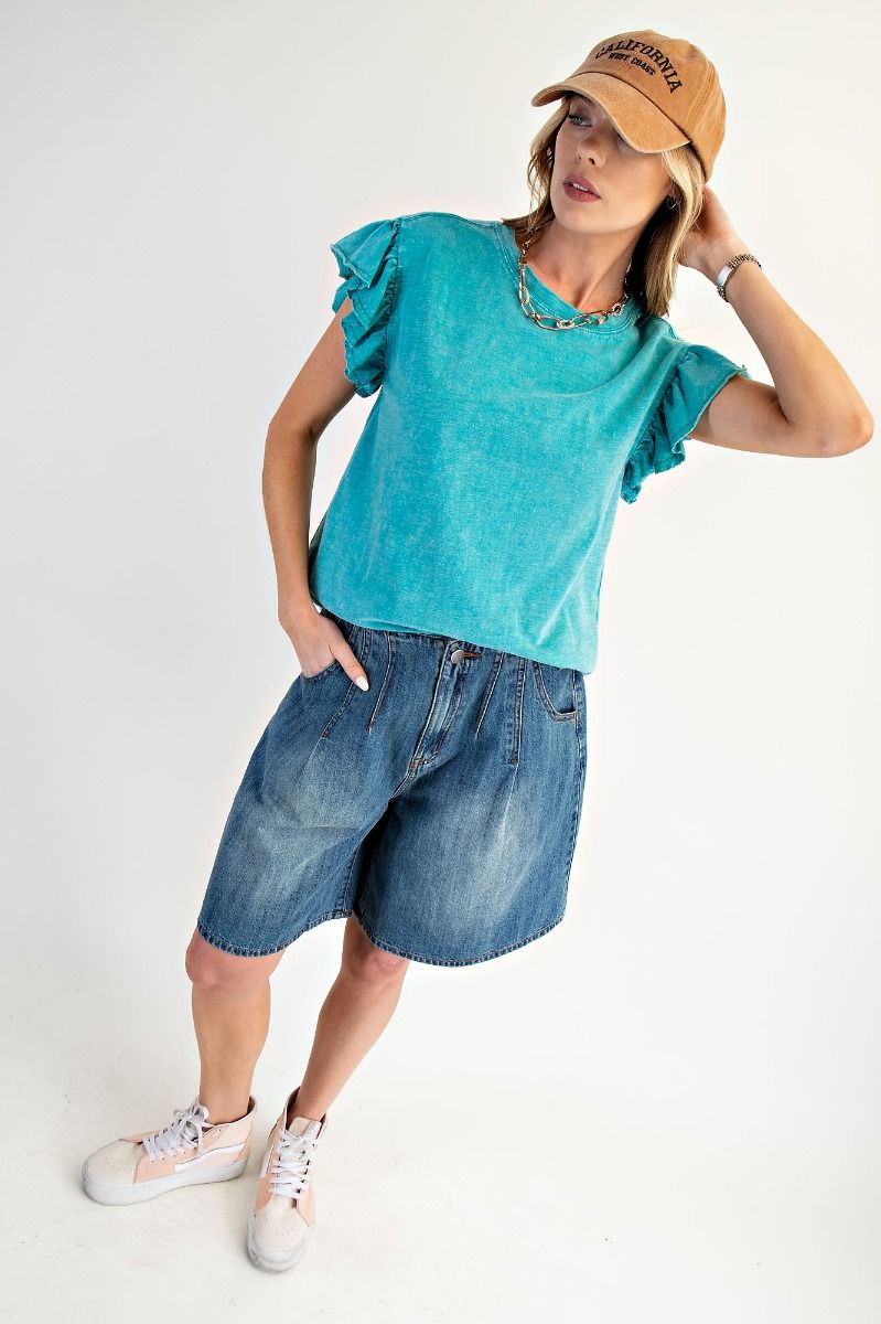 Easel Artic Sea Ruffle Sleeve Top