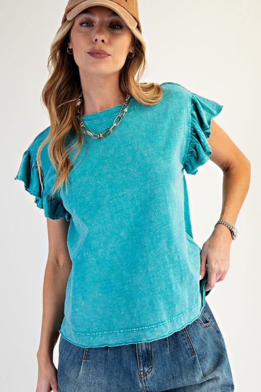 Easel Artic Sea Ruffle Sleeve Top