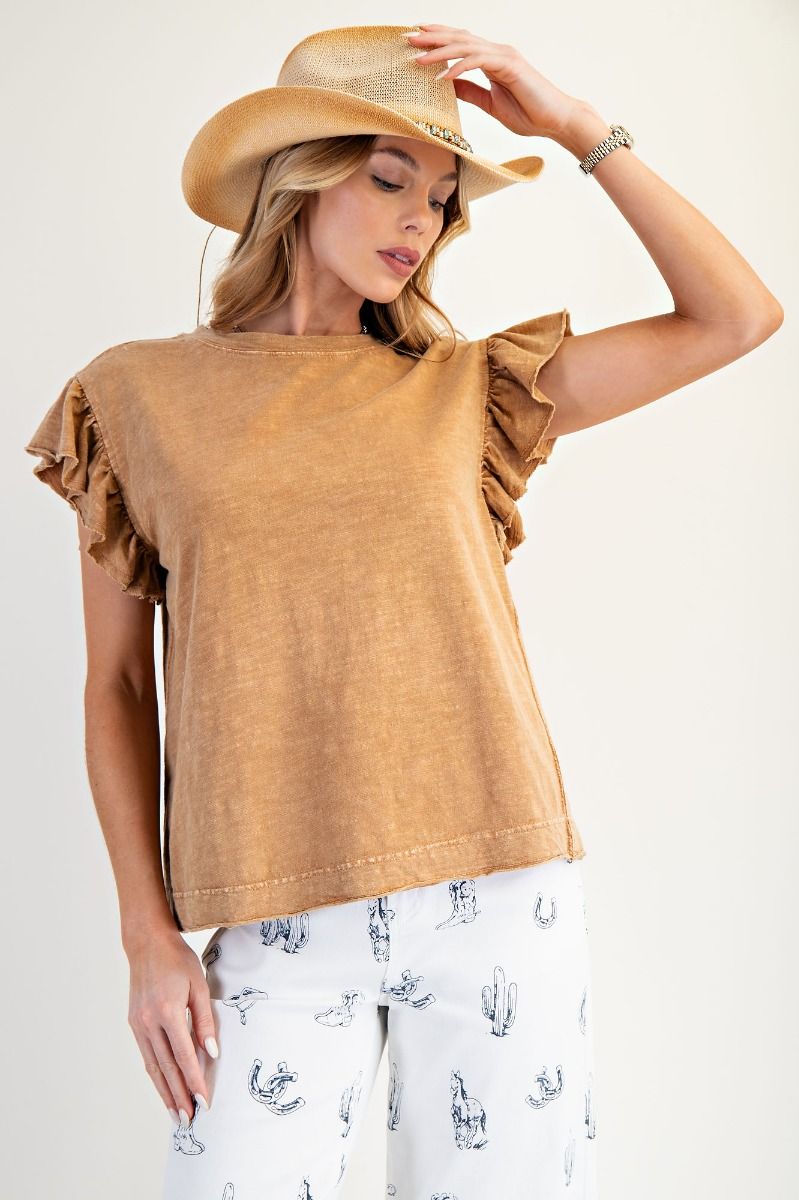 Easel Camel Ruffle Sleeve Top