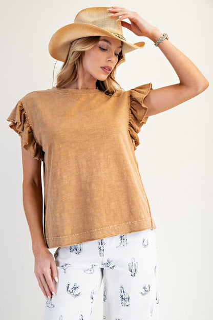 Easel Camel Ruffle Sleeve Top