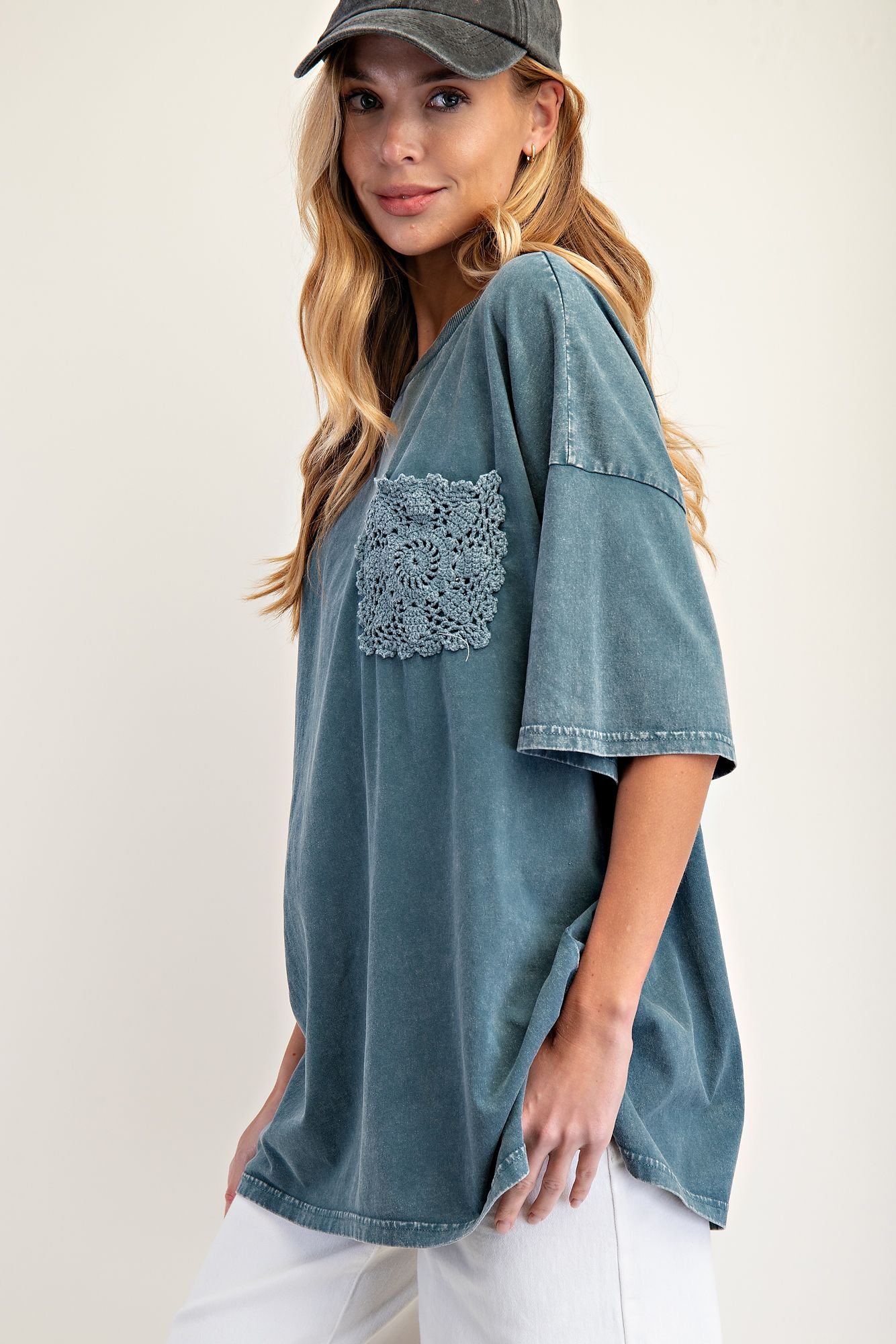 Crochet Pocket Tee Faded Teal