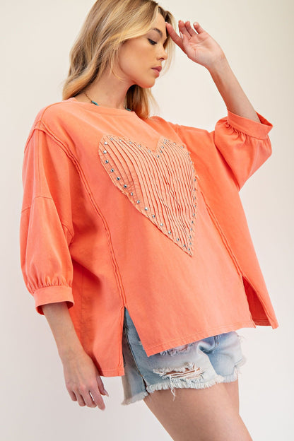 Easel Stud Heart Patch Knit Top Coral