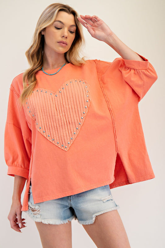 Easel Stud Heart Patch Knit Top Coral