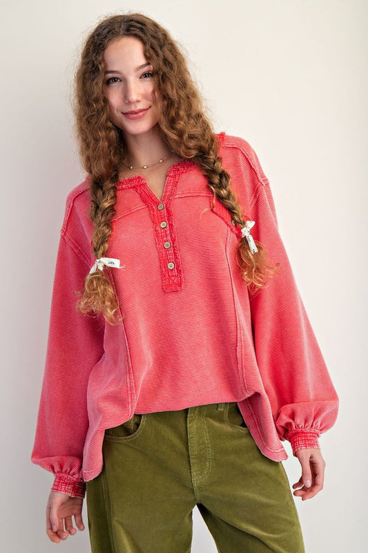 Textured Thermal Washed Henley Top Strawberry