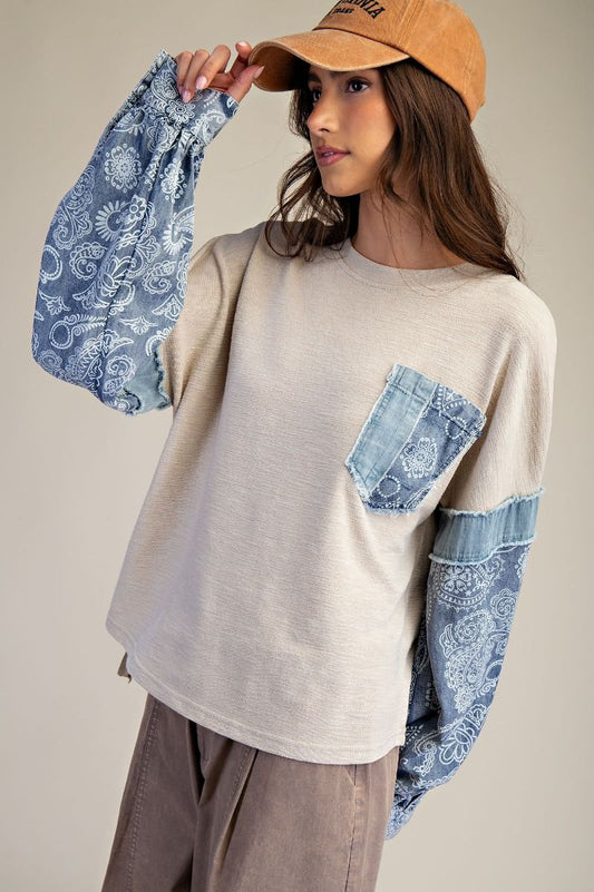 Easel Khaki Denim Sleeve Pullover