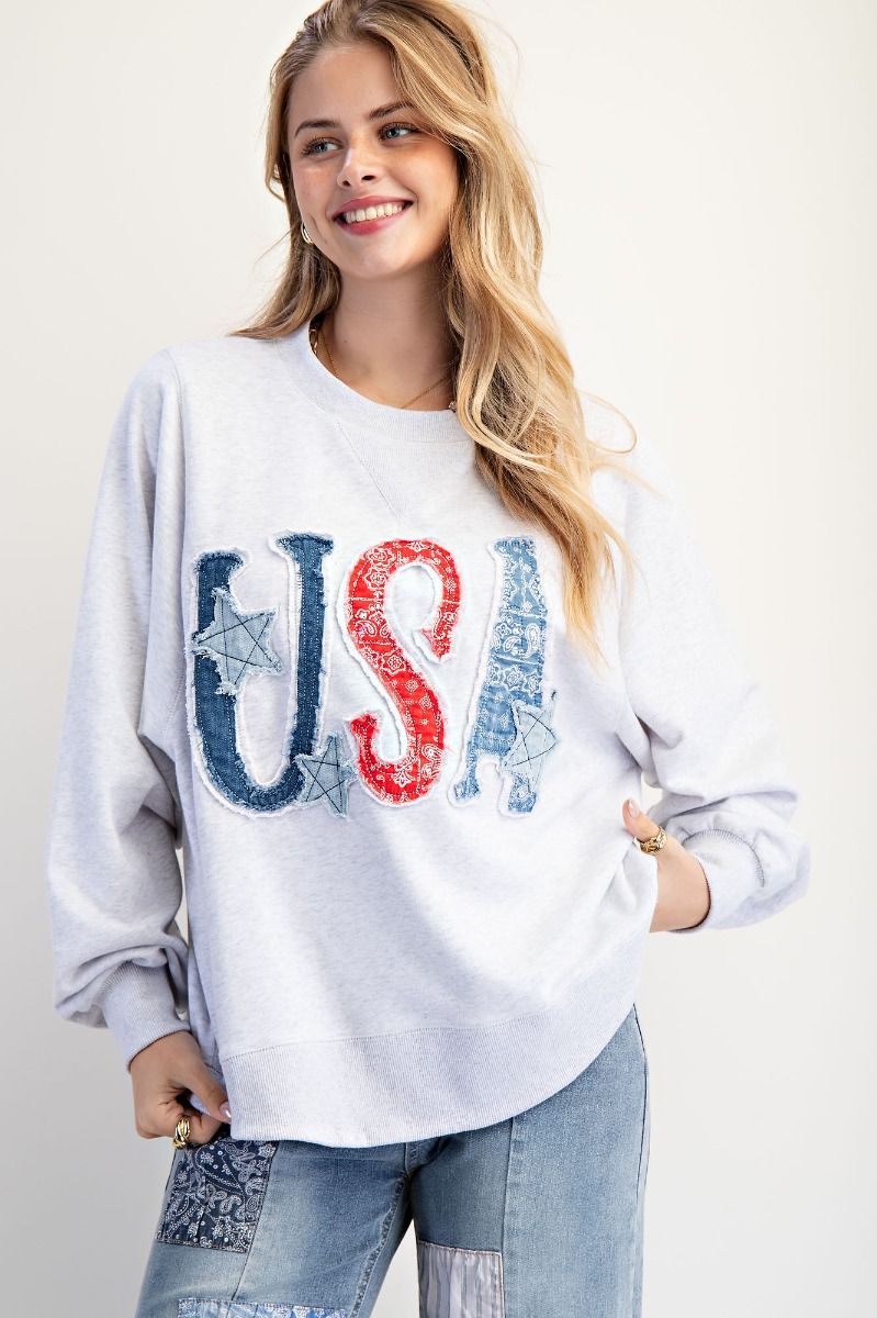USA Patchwork Washed Terry Pullover Heather Grey