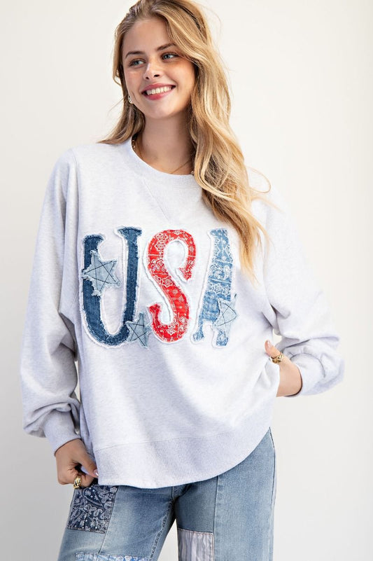USA Patchwork Washed Terry Pullover Heather Grey