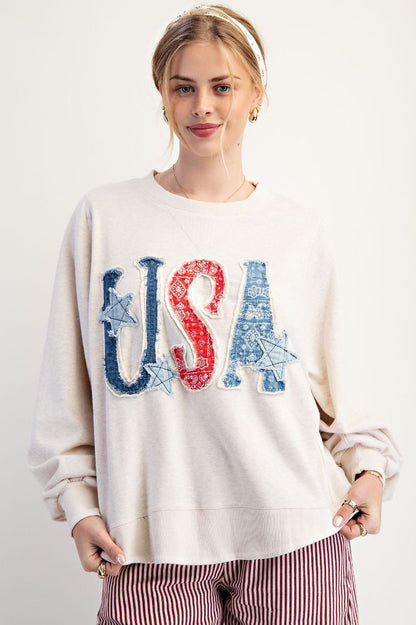 USA Patchwork Washed Terry Pullover Oatmeal