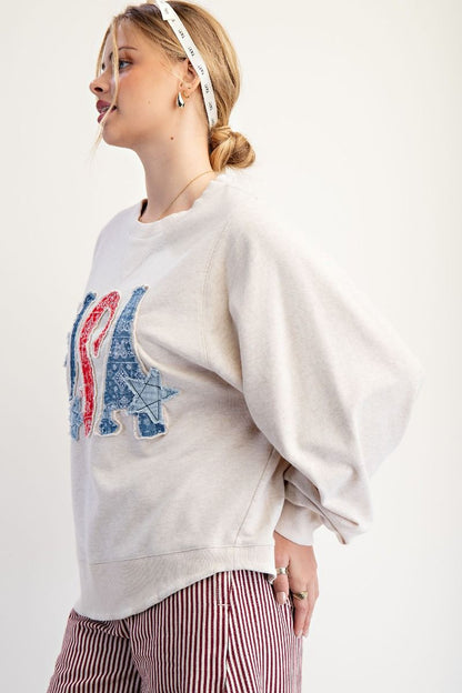 USA Patchwork Washed Terry Pullover Oatmeal