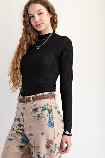 Burnout Lace Fitted Top Black