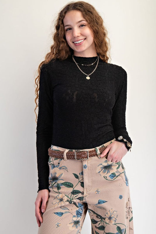Burnout Lace Fitted Top Black