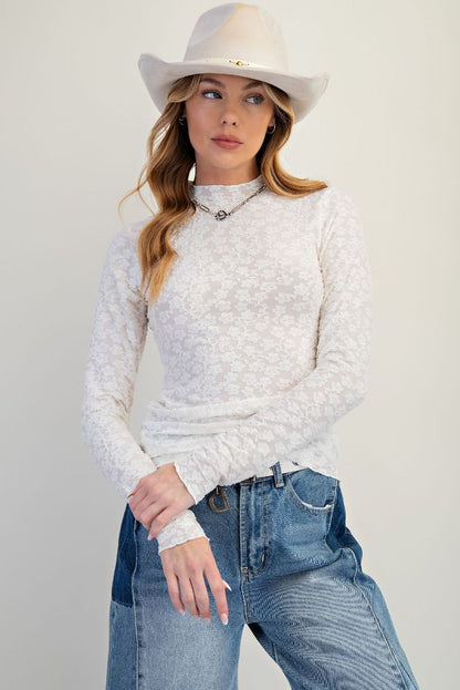 Easel Ivory Burnout Mesh Fitted Top