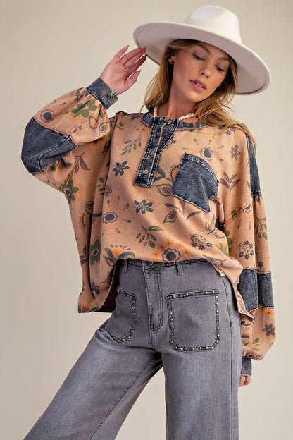 Easel Boho Print Mocha Mousse Top