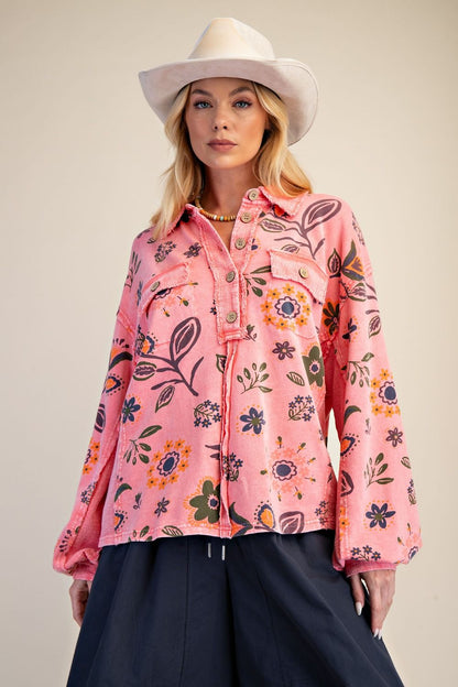 Easel Coral Floral Printed Pullover Top
