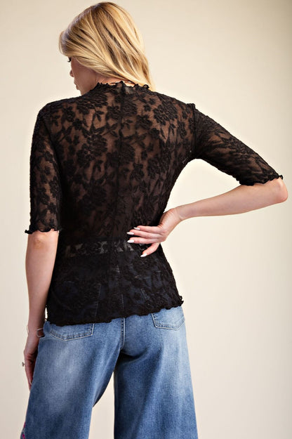 Easel Black Half Sleeve Lace Top