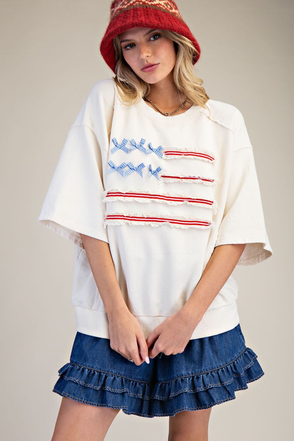 Easel American Flag Bow Lace Top