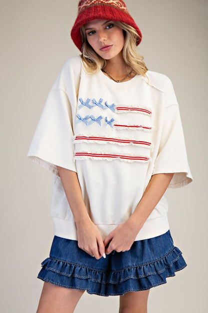 Easel American Flag Bow Lace Top