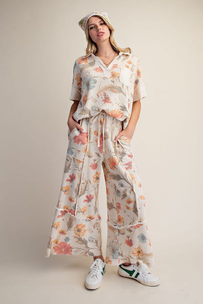 Easel Cream Floral Waffle Knit Pants