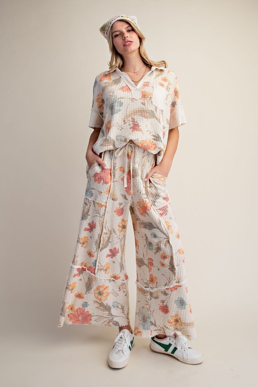 Easel Cream Floral Waffle Knit Top
