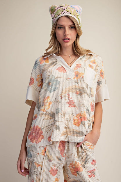 Easel Cream Floral Waffle Knit Top