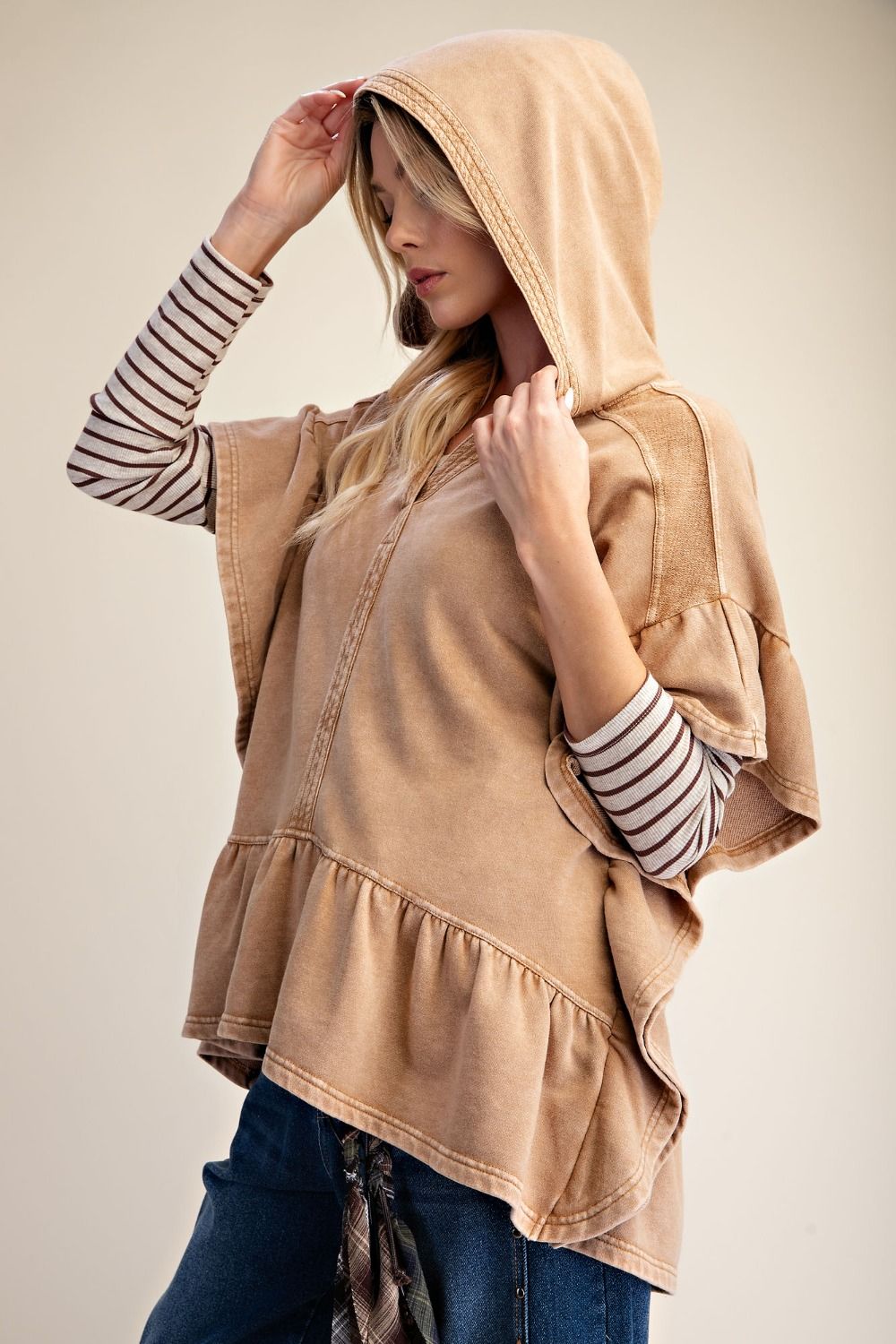 Easel Almond Ruffle Bottom Pullover Hoodie