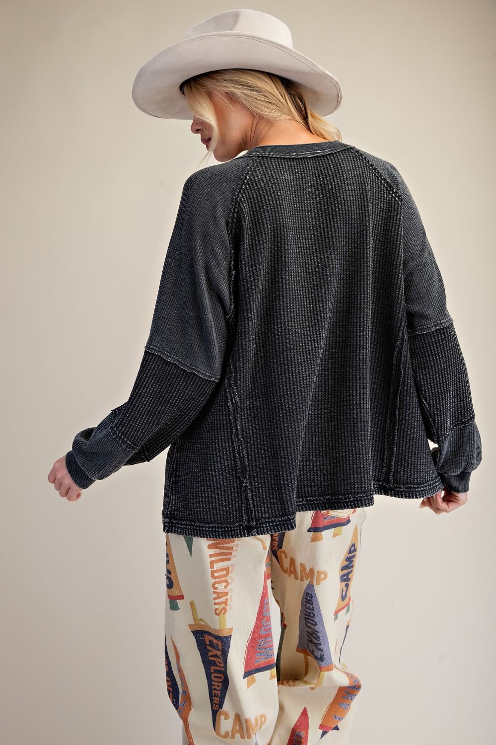 Easel Black Thermal Henley Top