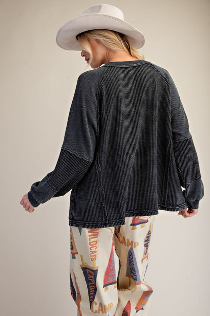 Easel Black Thermal Henley Top