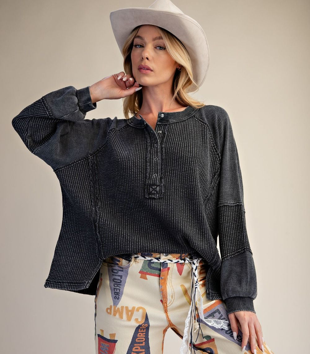 Easel Black Thermal Henley Top